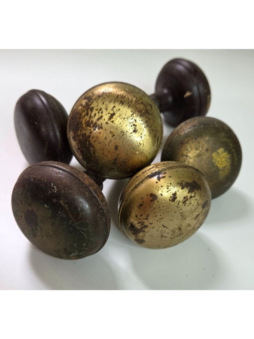 Vintage Brass & Iron Door Knobs Set Of 6 With Aged Patina Architectural Salvage